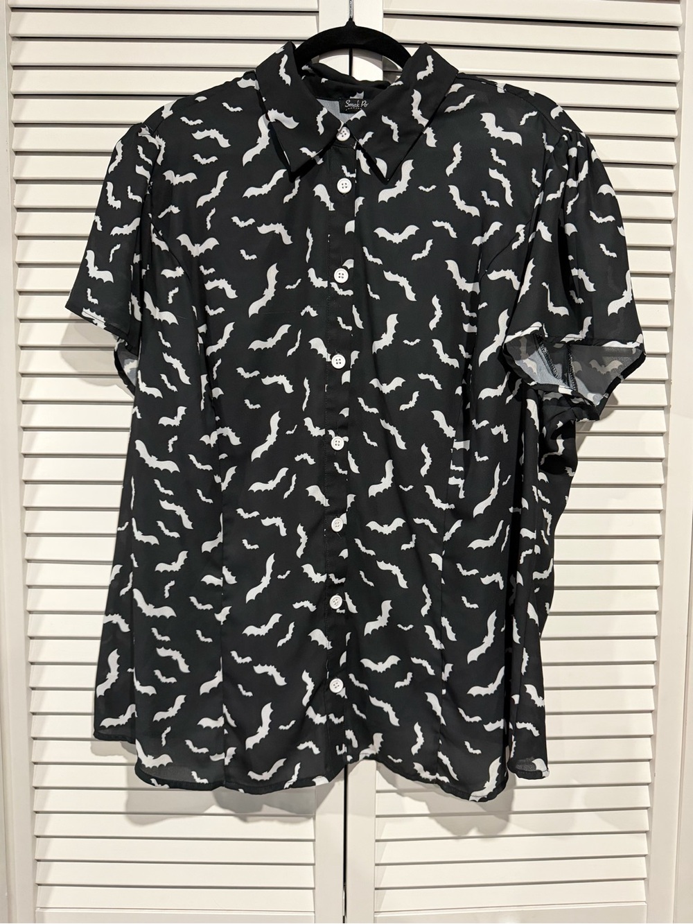 Black Short-Sleeve Button-Up Shirt with White Bat Print